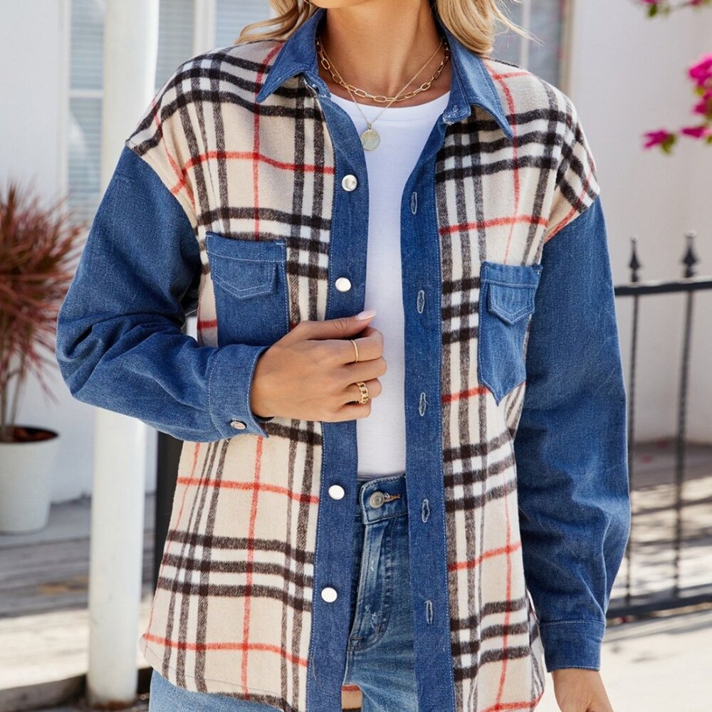 Plaid Long Sleeve Denim Jacket